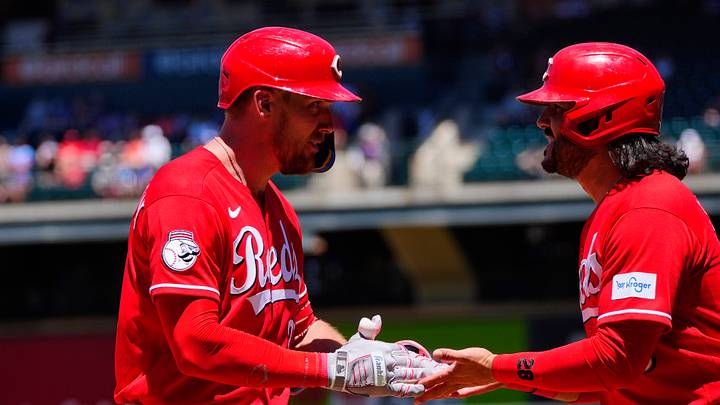 Jul 19, 2026; Denver, Colorado, USA; Cincinnati Reds catcher Tyler Stephenson (37) celebrates his two run home run with third baseman Eugenio Suarez (28) in the first inning against the Colorado Rockies at Coors Field. Mandatory Credit: Ron Chenoy-Imagn Images
