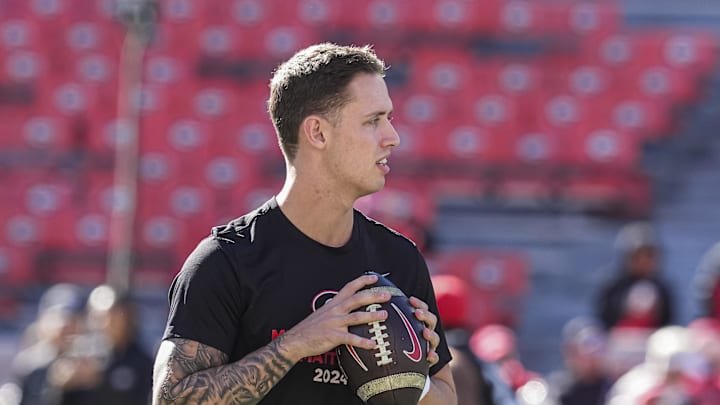 Nov 23, 2024; Athens, Georgia, USA; Georgia Bulldogs quarterback Carson Beck (15) shown on the field prior to the game against the Massachusetts Minutemen at Sanford Stadium. Mandatory Credit: Dale Zanine-Imagn Images
