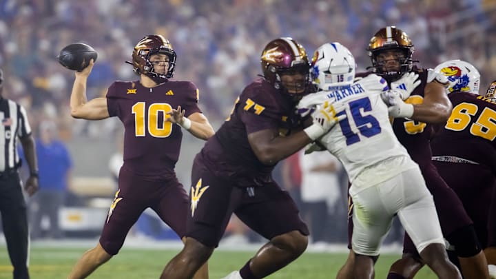 Oct 5, 2024; Tempe, Arizona, USA; Arizona State Sun Devils quarterback Sam Leavitt (10) against the Kansas Jayhawks in the second half at Mountain America Stadium. Mandatory Credit: Mark J. Rebilas-Imagn Images