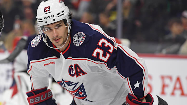 Dec 21, 2024; Philadelphia, Pennsylvania, USA; Columbus Blue Jackets center Sean Monahan (23) against the Philadelphia Flyers at Wells Fargo Center. Mandatory Credit: Eric Hartline-Imagn Images