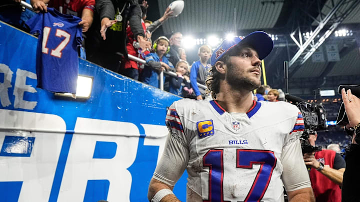 Buffalo Bills quarterback Josh Allen (17) exits the field after 48-42 win over Detroit Lions at Ford Field in Detroit.
