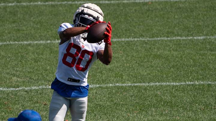 Aug 12, 2025; Florham Park, NJ, USA; at Atlantic Health Jets Training Center. The Giants and Jets participate in a joint practice at the Jets' training facility in Florham Park. New York Giants #80 Montrell Washington. Aug 12, 2025; Florham Park, NJ, USA; at Atlantic Health Jets Training Center. The Giants and Jets participate in a joint practice at the Jets' training facility in Florham Park. New York Giants #80 Montrell Washington.