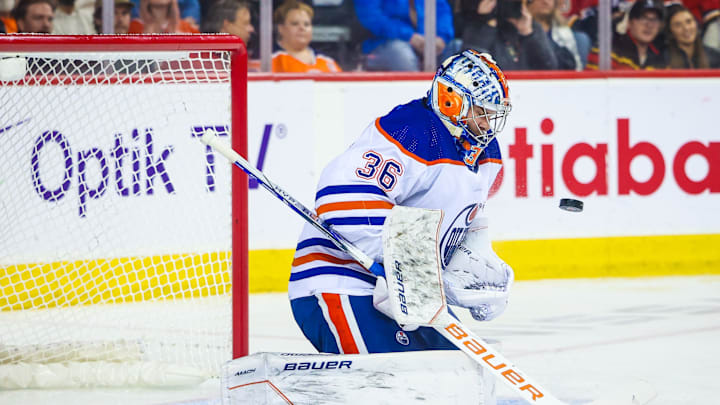 Sep 29, 2023; Calgary, Alberta, CAN; Edmonton Oilers goalie Jack Campbell (36) makes a save against