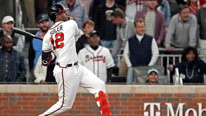 Oct 23, 2021; Cumberland, Georgia, USA; Atlanta Braves right fielder Jorge Soler (12) hits a double