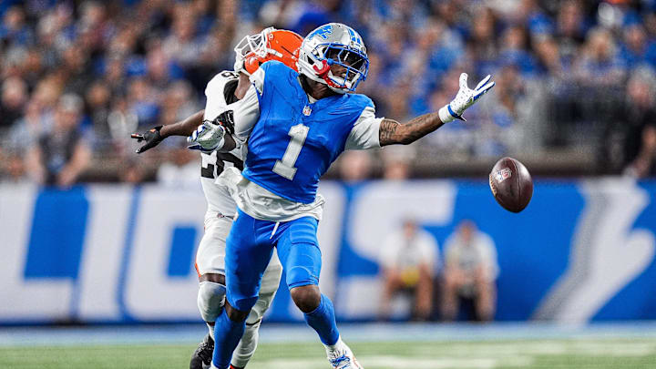 Detroit Lions wide receiver Jameson Williams (1) tries to catch a pass intended for him against Cleveland Browns cornerback Myles Harden (26) during the second half at Ford Field in Detroit on Sunday, Sept. 28, 2025.