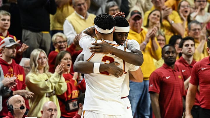 Mar 7, 2026; Ames, Iowa, USA; Iowa State Cyclones guard Tamin Lipsey (3) and guard Killyan Toure (27) react late in the game against the Arizona State Sun Devils at James H. Hilton Coliseum. Mandatory Credit: Jeffrey Becker-Imagn Images