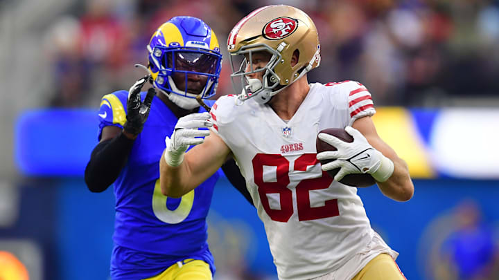 Oct 30, 2022; Inglewood, California, USA; San Francisco 49ers tight end Ross Dwelley (82) runs the