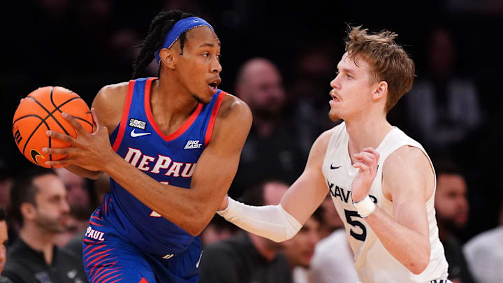 Xavier Musketeers guard Adam Kunkel (5) defends on DePaul Blue Demons forward Javan Johnson (1) in the first half of an NCAA college basketball game during the second round of the Big East conference tournament, Thursday, March 9, 2023, at Madison Square Garden in New York.
Xaiver Depaul Big East Basketball Tournament March 9 0147 Xavier Musketeers guard Adam Kunkel (5) defends on DePaul Blue Demons forward Javan Johnson (1) in the first half of an NCAA college basketball game during the second round of the Big East conference tournament, Thursday, March 9, 2023, at Madison Square Garden in New York.
Xaiver Depaul Big East Basketball Tournament March 9 0147
