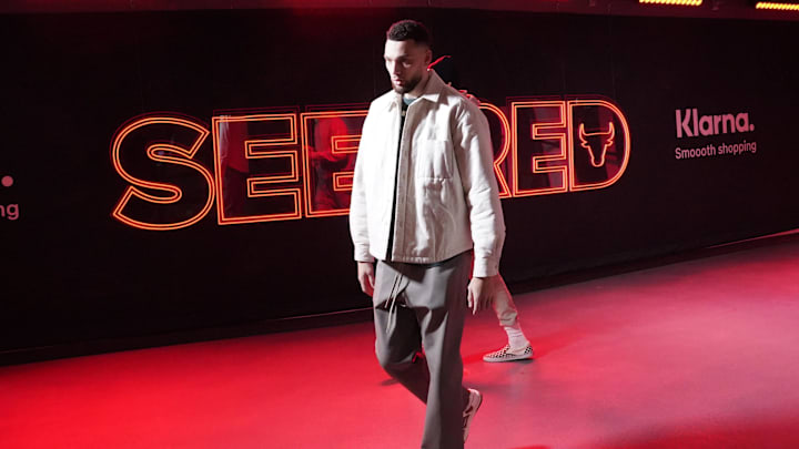 Chicago Bulls guard Zach LaVine (8) walks into the United Center before a game against the Houston Rockets. Mandatory Credit: David Banks-Imagn Images