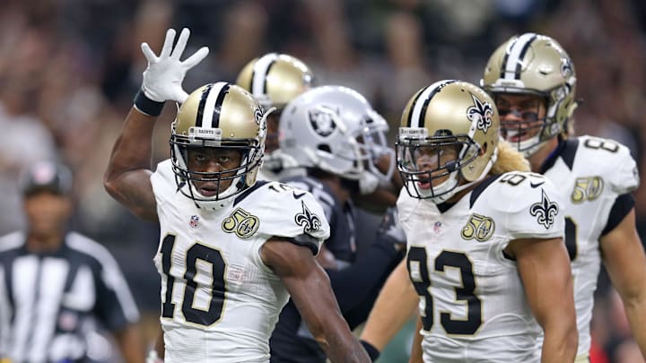 Sep 11, 2016; New Orleans, LA, USA; New Orleans Saints wide receiver Brandin Cooks (10) celebrates his second quarter touchdown catch against the Oakland Raiders at the Mercedes-Benz Superdome. Mandatory Credit: Chuck Cook-Imagn Images
