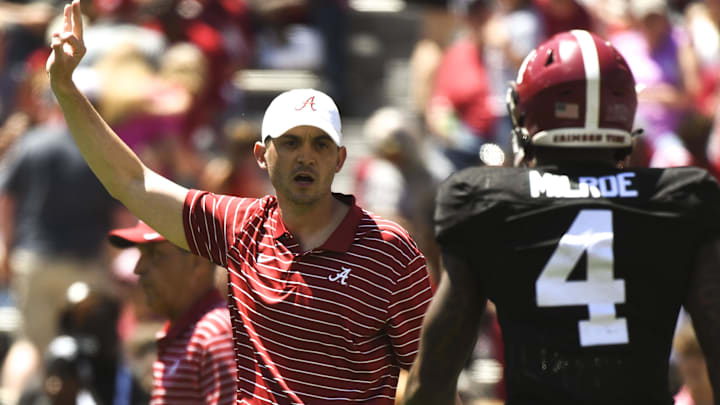 Apr 22, 2023; Tuscaloosa, AL, USA; Alabama offensive coordinator Tommy Rees yells instructions during the A-Day game at Bryant-Denny Stadium. Mandatory Credit: Gary Cosby-Imagn Images