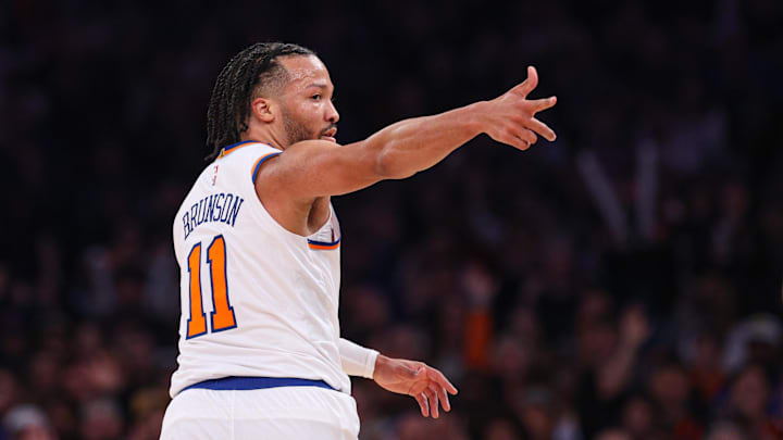 Jan 20, 2025; New York, New York, USA; New York Knicks guard Jalen Brunson (11) reacts after a basket during the first half against the Atlanta Hawks at Madison Square Garden. Mandatory Credit: Vincent Carchietta-Imagn Images