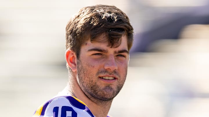 Nov 15, 2025; Baton Rouge, Louisiana, USA;  LSU Tigers quarterback Garrett Nussmeier (18) looks on during warm ups before the game against the Arkansas Razorbacks at Tiger Stadium. Mandatory Credit: Stephen Lew-Imagn Images