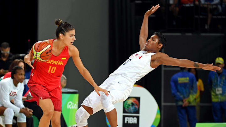 Aug 20, 2016; Rio de Janeiro, Brazil; Spain forward Marta Xargay (10) drives to the basket against USA forward/guard Angel Mccoughtry (8) in the women's basketball gold medal match during the Rio 2016 Summer Olympic Games at Carioca Arena 1. Mandatory Credit: RVR Photos-Imagn Images