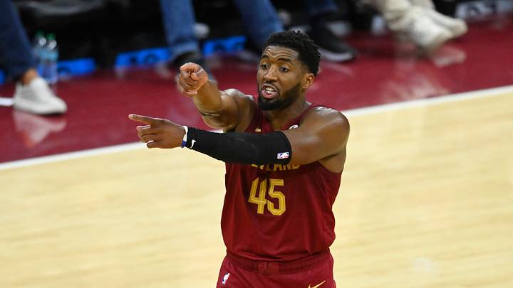 Oct 28, 2026; Cleveland, Ohio, USA;  Cleveland Cavaliers guard Donovan Mitchell (45) reacts in the fourth quarter against the Washington Wizards at Rocket Arena.  Mandatory Credit: David Richard-Imagn Images