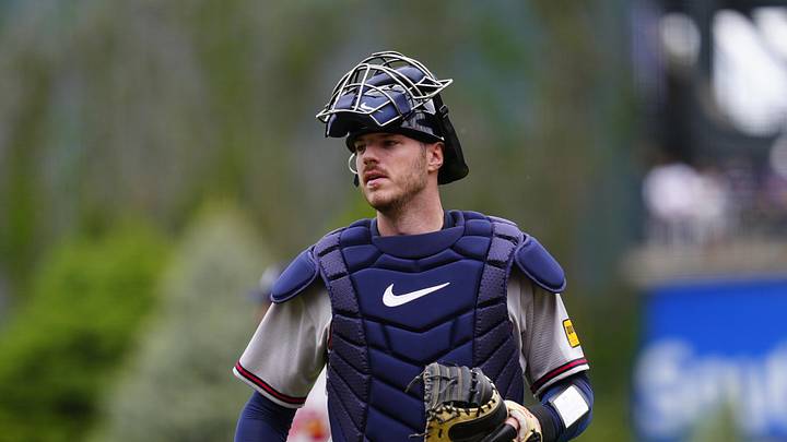 May 3, 2026; Denver, Colorado, USA; Atlanta Braves catcher Jonah Heim (20) during the first inning against the Colorado Rockies at Coors Field. Mandatory Credit: Ron Chenoy-Imagn Images