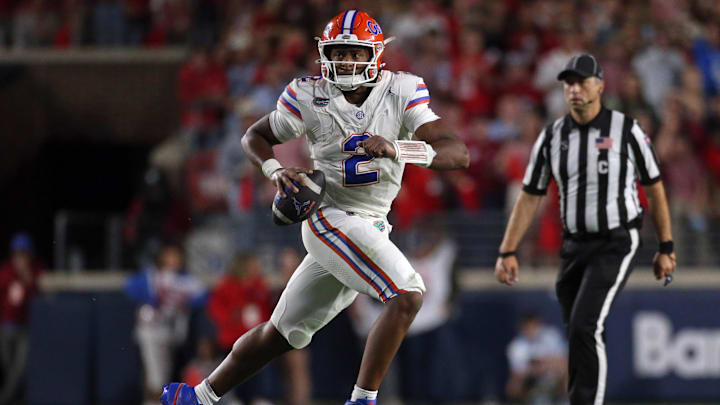 Nov 15, 2025; Oxford, Mississippi, USA; Florida Gators quarterback DJ Lagway (2) looks to pass during the fourth quarter against the Mississippi Rebels at Vaught-Hemingway Stadium. Mandatory Credit: Petre Thomas-Imagn Images