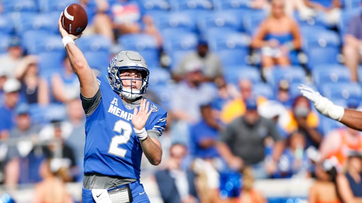 Tigers' Seth Henigan (2) passes the ball during the game between University of Memphis and Boise
