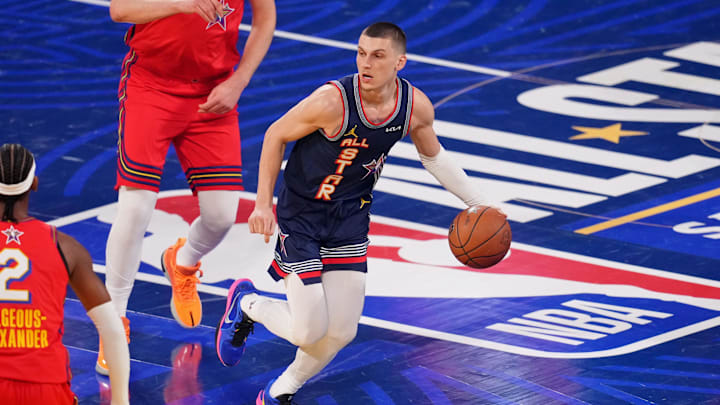Feb 16, 2025; San Francisco, CA, USA; Kennyís Young Stars guard Tyler Herro (14) of the Miami Heat controls the ball against Chuckís Global Stars during the 2025 NBA All Star Game at Chase Center. Mandatory Credit: Cary Edmondson-Imagn Images