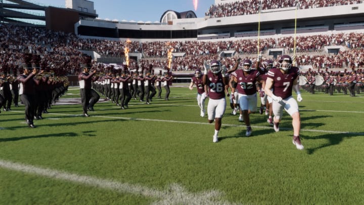 The Mississippi State Bulldogs enter Davis-Wade Stadium in EA Sports College Football 25. The Mississippi State Bulldogs enter Davis-Wade Stadium in EA Sports College Football 25.