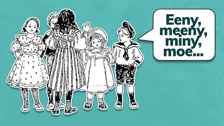 An illustration of the counting-out game “eeny, meeny, miny, moe” from Clara E. Atwood’s ‘A Book of Nursery Rhymes,’ published in 1901.