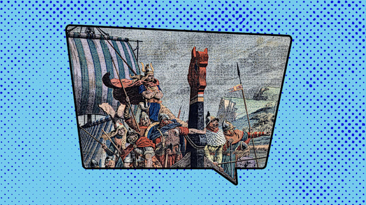 Illustration Vikings arriving at Normandy in the 9th century, circa 1911.