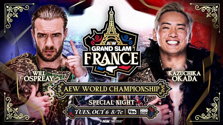Will Ospreay will defend the AEW World Championship against his old friend (and foe), Kazuchika Okada, at Grand Slam France. Will Ospreay will defend the AEW World Championship against his old friend (and foe), Kazuchika Okada, at Grand Slam France.