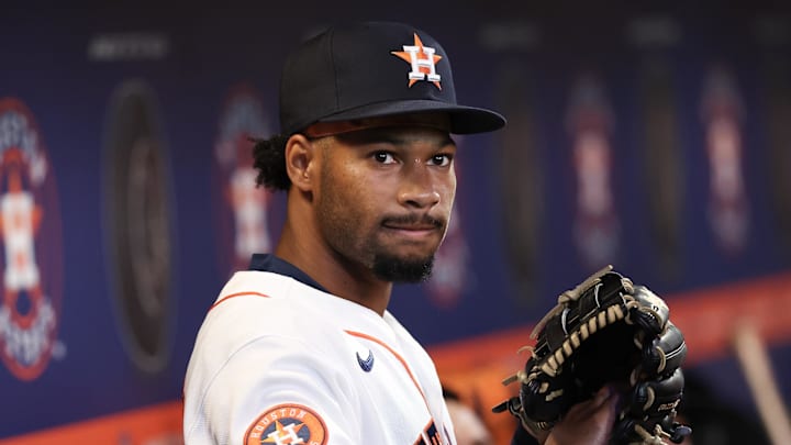 Houston Astros left fielder Brice Matthews (0) stands in the dugout Houston Astros left fielder Brice Matthews (0) stands in the dugout