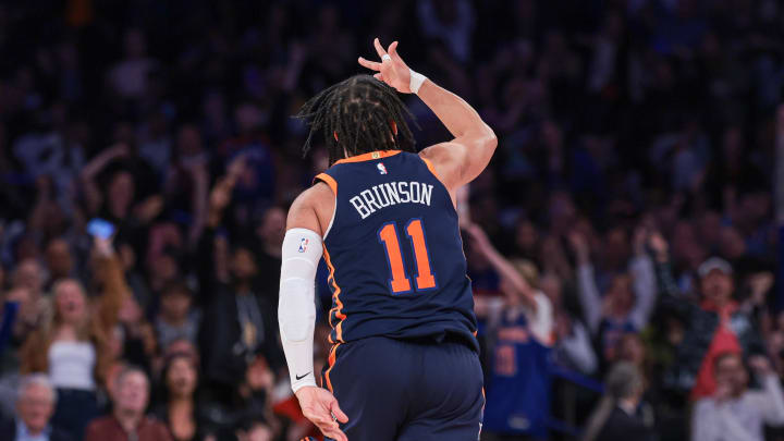 Apr 12, 2024; New York, New York, USA; New York Knicks guard Jalen Brunson (11) reacts after a three-point basket during the second half against the Brooklyn Nets at Madison Square Garden. Mandatory Credit: Vincent Carchietta-USA TODAY Sports