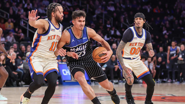 Dec 7, 2025; New York, New York, USA;  Orlando Magic forward Tristan da Silva (23) looks to drive past New York Knicks guard Jalen Brunson (11) in the fourth quarter at Madison Square Garden. Mandatory Credit: Wendell Cruz-Imagn Images