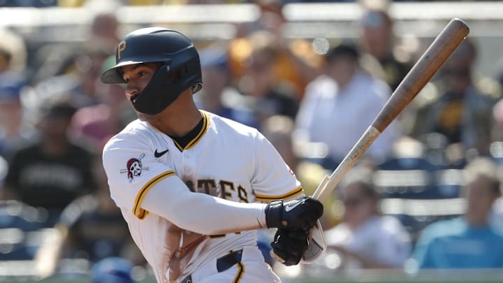  Pittsburgh Pirates second baseman Nick Gonzales (39) drives in a run with a sacrifice fly against the Kansas City Royals during the fifth inning at PNC Park. 
