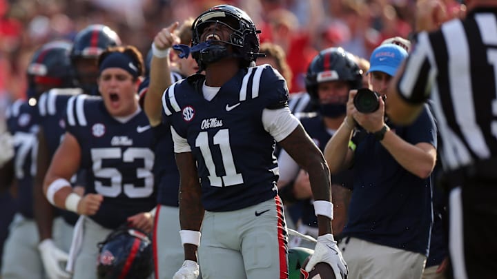 Sep 20, 2025; Oxford, Mississippi, USA; Mississippi Rebels wide receiver Deuce Alexander (11) reacts after a catch during the third quarter against the Tulane Green Wave at Vaught-Hemingway Stadium. Mandatory Credit: Petre Thomas-Imagn Images Sep 20, 2025; Oxford, Mississippi, USA; Mississippi Rebels wide receiver Deuce Alexander (11) reacts after a catch during the third quarter against the Tulane Green Wave at Vaught-Hemingway Stadium. Mandatory Credit: Petre Thomas-Imagn Images