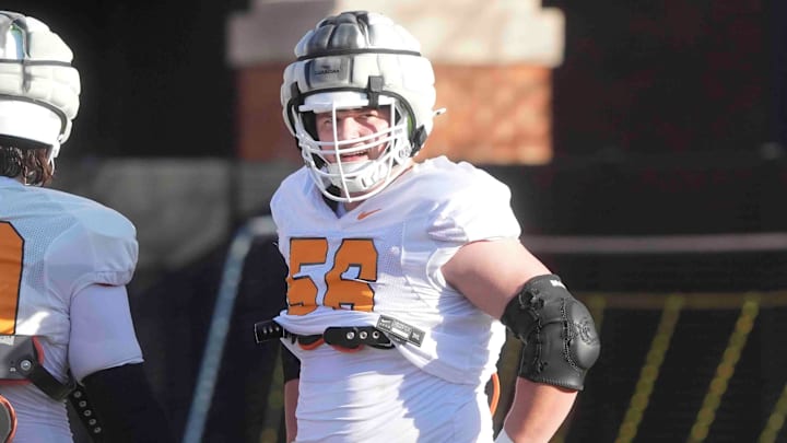 Tennessee offensive lineman Sam Pendleton (56) during Tennessee football practice, at University of Tennessee, Tuesday, March 25, 2025. Tennessee offensive lineman Sam Pendleton (56) during Tennessee football practice, at University of Tennessee, Tuesday, March 25, 2025.