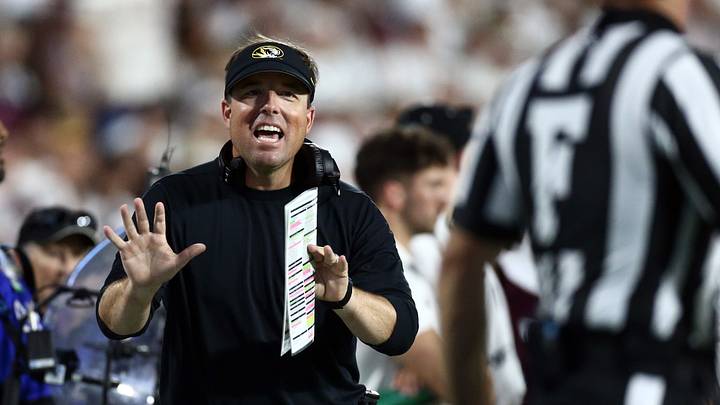 Sep 26, 2026; Starkville, Mississippi, USA; Missouri Tigers head coach Eli Drinkwitz reacts toward a referee during the first quarter against the Mississippi State Bulldogs at Davis Wade Stadium at Scott Field. Mandatory Credit: Petre Thomas-Imagn Images