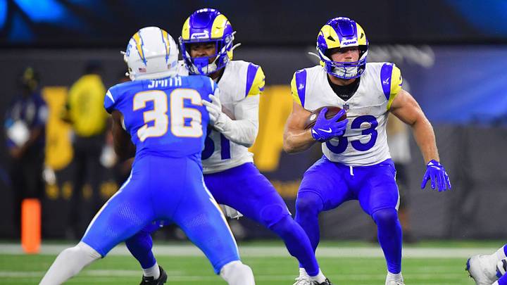 Aug 27, 2026; Inglewood, California, USA; Los Angeles Rams tight end Mark Redman (83) runs the ball against the Los Angeles Chargers during the second half at SoFi Stadium. Mandatory Credit: Gary A. Vasquez-Imagn Images Aug 27, 2026; Inglewood, California, USA; Los Angeles Rams tight end Mark Redman (83) runs the ball against the Los Angeles Chargers during the second half at SoFi Stadium. Mandatory Credit: Gary A. Vasquez-Imagn Images