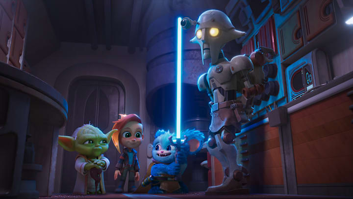 (L-R): Jedi Master Yoda, Nash Durango (voiced by Emma Berman), Nubs (voiced by Dee Bradley Baker), and from "STAR WARS: YOUNG JEDI ADVENTURES (Season 2)", exclusively on Disney+ and Disney Junior. © 2024 Lucasfilm Ltd. & ™. All Rights Reserved.