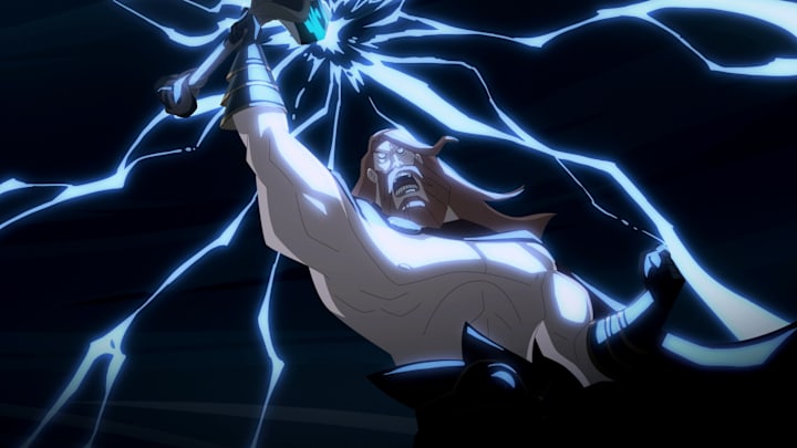 Zack Snyder presents TWILIGHT OF THE GODS, an all-new daring and spectacular animated vision of Norse mythology.
On their wedding night, SIGRID and LEIF survive a wrath of terror from THOR, which sets them - and a crew of crusaders - on an against all odds and merciless mission for vengeance. This heroic story of love, loss and revenge, is a journey to Hell and beyond… across fantastical lands, battlefields fierce and bloody, and wars waged against Gods and demons. Pilou Asbæk as Thor in