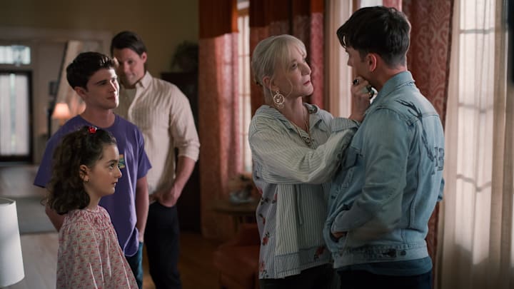 (L to R) Ella Grace Helton as Katie Townsend, Logan Allen as Kyle Townsend, Justin Bruening as Cal Maddox, Caroline Lagerfelt as Paula Vreeland, and Carson Rowland as Tyler Townsend in episode 405 of Sweet Magnolias