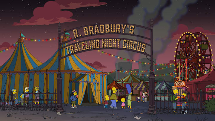 THE SIMPSONS: A tattooed man at a mysterious night circus transports Lisa into three strange stories from the innocent 1950s, the chilling retro-present, and a brutalist future where prestige TV rules the world on the all-new "Treehouse Of Horror Presents: Simpsons Wicked This Way Comes" episode of THE SIMPSONS airing Sunday, Nov 24 (8:00-8:30 PM ET/PT) on FOX. THE SIMPSONS © 2024 by 20th Television.