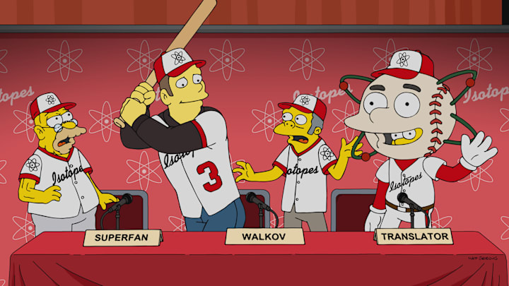 THE SIMPSONS: After Grampa and Moe recruit a Macedonian slugger to play in Springfield, it strains their friendship and the very integrity of baseball in the “Abe League Of Their Moe” episode of THE SIMPSONS airing Sunday, April 27 (8:00-8:30 PM ET/PT) on FOX. THE SIMPSONS © 2025 by 20th Television.