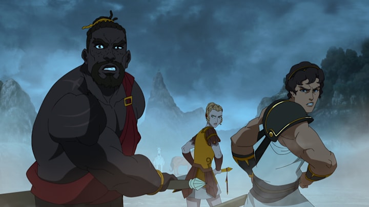 Blood of Zeus (L to R) Adetokumboh M’Cormack as Kofi, Jessica Henwick as Alexia, Derek Phillips as Heron in Blood of Zeus. Cr. COURTESY OF NETFLIX © 2024