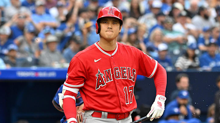 Jul 29, 2023; Toronto, Ontario, CAN;  Los Angeles Angels designated hitter Shohei Ohtani (17) reacts
