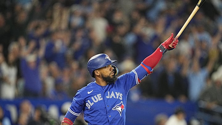 Sep 26, 2022; Toronto, Ontario, CAN; Toronto Blue Jays right fielder Teoscar Hernandez (37) reacts