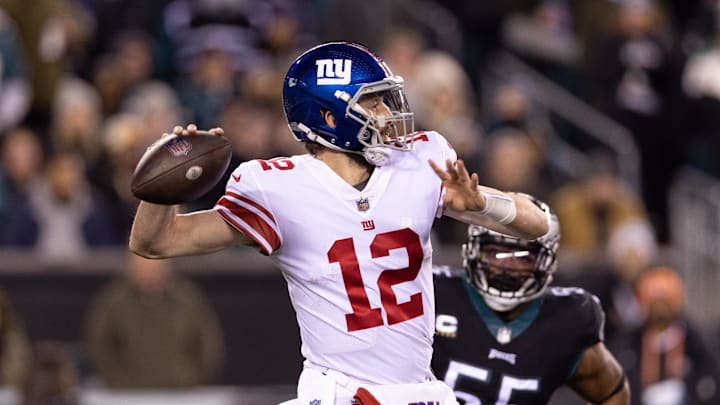 Jan 8, 2023; Philadelphia, Pennsylvania, USA; New York Giants quarterback Davis Webb (12) passes the