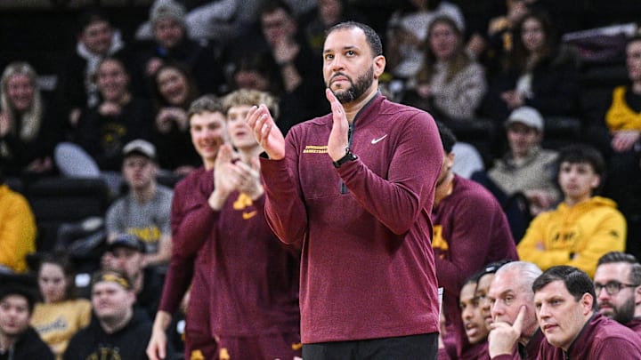 Jan 21, 2025; Iowa City, Iowa, USA; Minnesota Golden Gophers head coach Ben Johnson reacts during the first half against the Iowa Hawkeyes at Carver-Hawkeye Arena. Mandatory Credit: Jeffrey Becker-Imagn Images Jan 21, 2025; Iowa City, Iowa, USA; Minnesota Golden Gophers head coach Ben Johnson reacts during the first half against the Iowa Hawkeyes at Carver-Hawkeye Arena. Mandatory Credit: Jeffrey Becker-Imagn Images