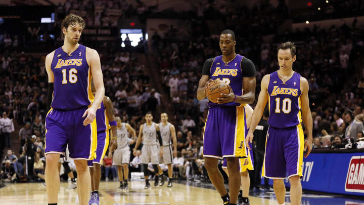 Apr 21, 2013; San Antonio, TX, USA; Los Angeles Lakers forward Pau Gasol (16), and center Dwight Howard (12), and guard Steve Nash (10) during a time out against the San Antonio Spurs at AT&T Center. The Spurs won 91-79. Mandatory Credit: Soobum Im-USA TODAY Sports Apr 21, 2013; San Antonio, TX, USA; Los Angeles Lakers forward Pau Gasol (16), and center Dwight Howard (12), and guard Steve Nash (10) during a time out against the San Antonio Spurs at AT&T Center. The Spurs won 91-79. Mandatory Credit: Soobum Im-USA TODAY Sports