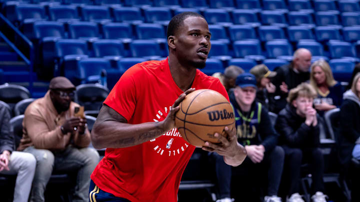 Jan 20, 2025; New Orleans, Louisiana, USA;  New Orleans Pelicans guard Javonte Green (4) during warmups before the game against the Utah Jazz at Smoothie King Center. Mandatory Credit: Stephen Lew-Imagn Images