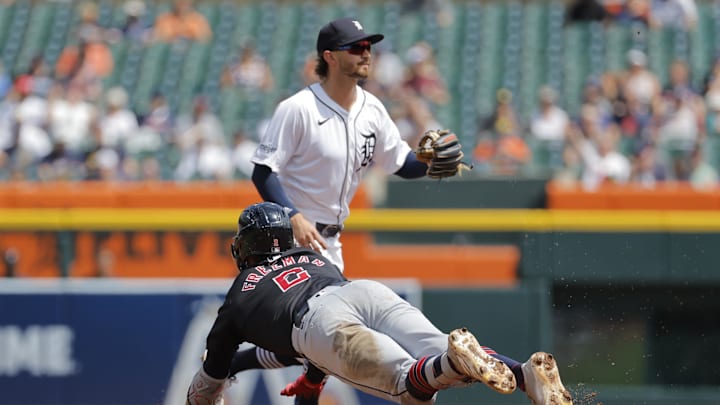 Cleveland Guardians center fielder Tyler Freeman (2) dives into second base after hitting a double against the Detroit Tigers in the seventh inning at Comerica Park on July 30.