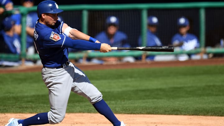 Mar 2, 2018; Phoenix, AZ, USA; Los Angeles Dodgers second baseman Tim Locastro (70) bats against the Chicago White Sox during the third inning at Camelback Ranch. Mandatory Credit: Joe Camporeale-Imagn Images