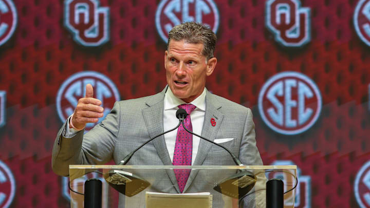 Jul 16, 2025; Atlanta, GA, USA; Oklahoma Sooners head coach Brent Venables talks to the media during the SEC Media Days at Omni Atlanta Hotel. Mandatory Credit: Jordan Godfree-Imagn Images